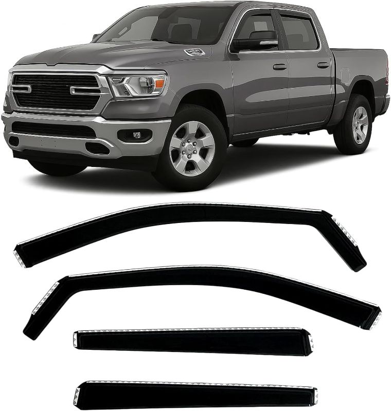 Photo 1 of 2019-2026 in-Channel Rain Guards for Dodge Ram 1500 Side Window Visor Deflectors Crew Cab Only Tinted Vent Shade Protectors 2020 2021 2022 2023 2024 2025
