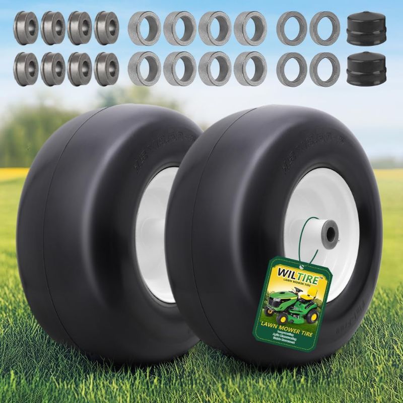 Photo 1 of 13x6.50-6 Lawn Mower Tires Flat Free Tire and Wheel with Rim, Solid Smooth Rubber for Zero-Turn Mowers, 5.5"-7.72"Centered Hub and 3/4" extra 5/8" 1/2" Bushings(White)
