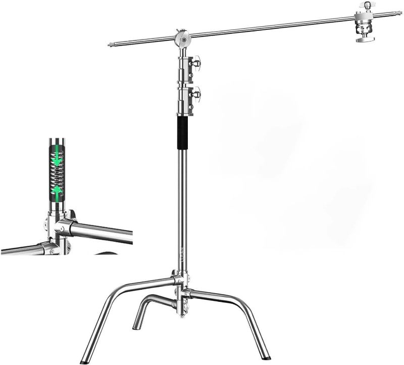 Photo 1 of C Stand Heavy Duty Stainless Steel Photography Stand with Buffer Spring 210cm/6.9ft Max Height & 88cm Holding Arm 2 Grip Head for Studio Lighting Softbox Reflectors Flash Monolights
