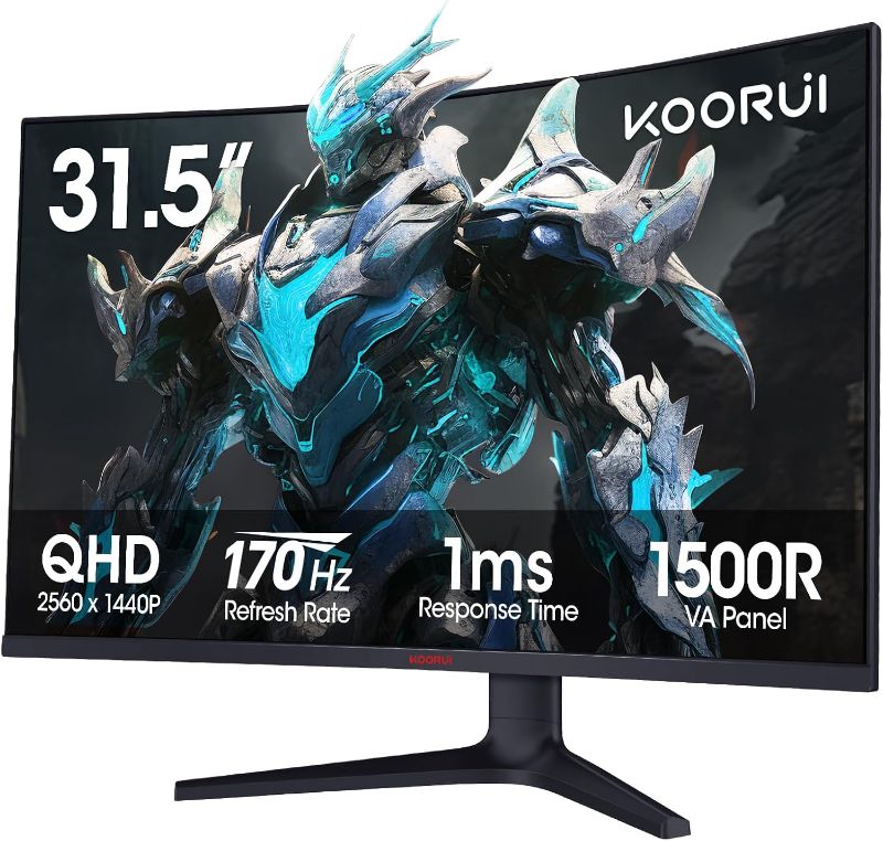 Photo 1 of KOORUI 32 inch Curved Gaming Monitor - QHD (2560 x 1440) 2K Display, 170Hz 144Hz Monitor, 1500R Curvature, 1ms, HDR10, Adaptive Sync, Tilt Adjustable, DisplayPort HDMI, Black - 32E6QC
