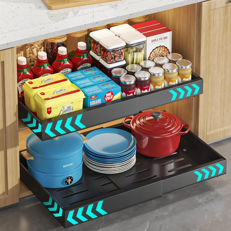 Photo 1 of Pull Out Cabinet Organizer, 1PC 21" Deep Expandable (12.2"-20") Heavy Duty Pull Out Drawers for Cabinets Fixed with Adhesive Film, Peel Stick Slide Out Drawers for Kitchen Pantry, No Screw, Black
