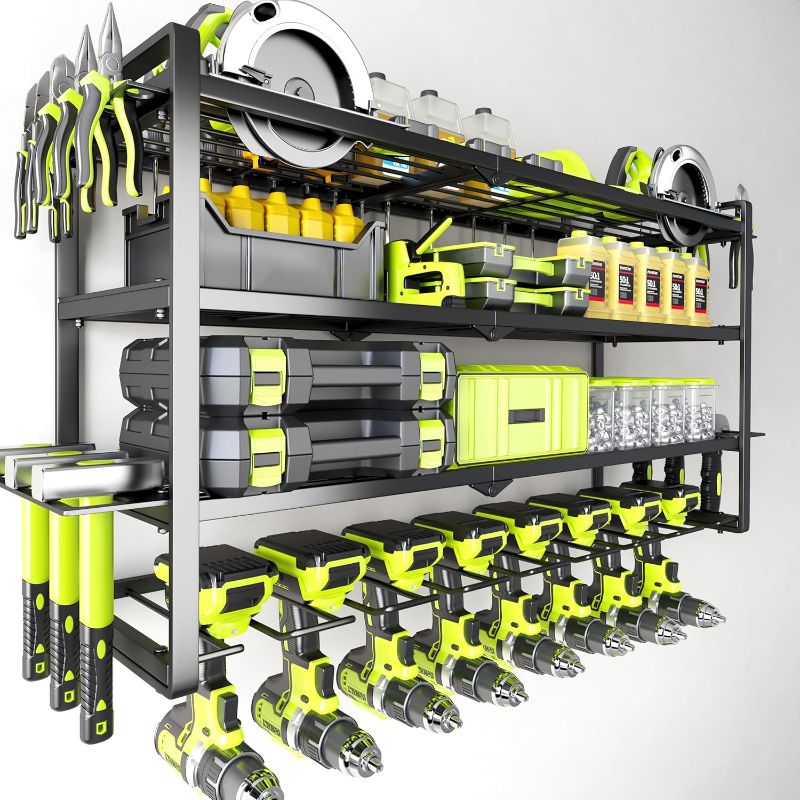 Photo 1 of Large Power Tool Organizer Wall Mount, Garage Storage Cordless Tool Organizer with Screwdriver Holder, Heavy Duty Metal Storage Rack with 8 Drill Holder 4 Layer, Gifts for Men Who Have Everything
