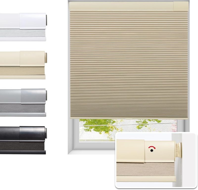 Photo 1 of No Drill Cellular Shades for Indoor Windows, Thermal Insulating & Noise Reducing Honeycomb Blinds, Free Stop Cordless Blackout Shades, Beige, 23" W x 64" H
