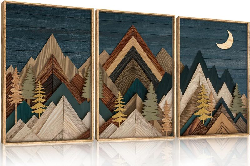 Photo 1 of Mountain Woodcut Nature Framed Canvas Wall Art Set,Vintage Pine Tree Wall Decor, Country Wilderness Forest Wall Painting,Modern Navy blue Art Prints for Living Room,Bedroom,Farmhouse - 24"x36"x3
