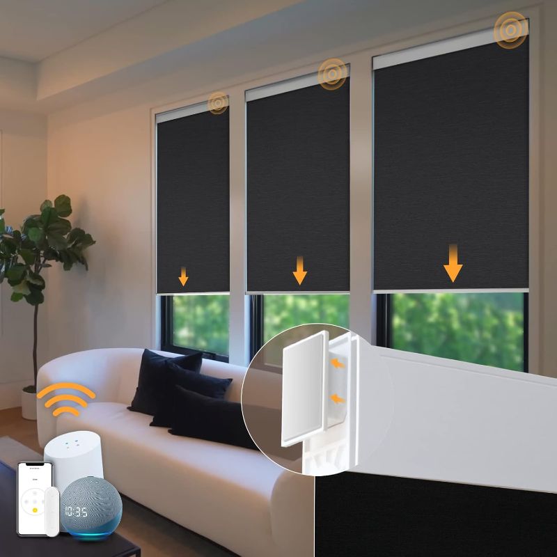 Photo 1 of Motorized Blinds No Drill Automatic Blinds for Windows Cordless Roller Shades Electric Blinds with Remote Control Smart Blinds (Black, 31 x 72)
