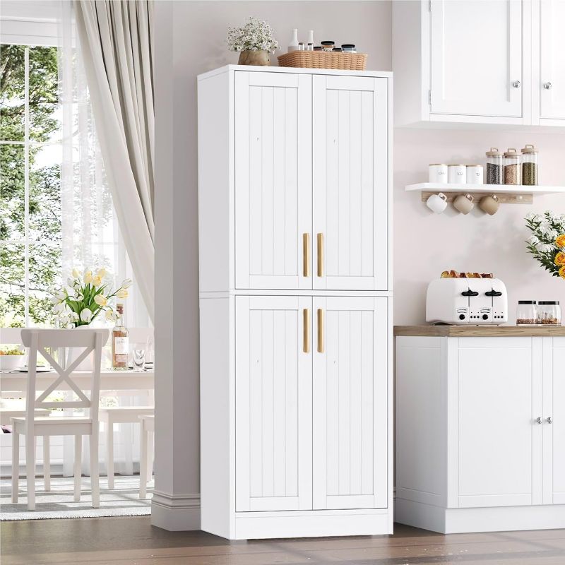 Photo 1 of Kitchen Pantry Cabinet, Tall Storage Cabinet with Adjustable Shelves and 4 Doors, Farmhouse Freestanding Cupboard Hutch for Dining Room Living Room, Laundry, White
