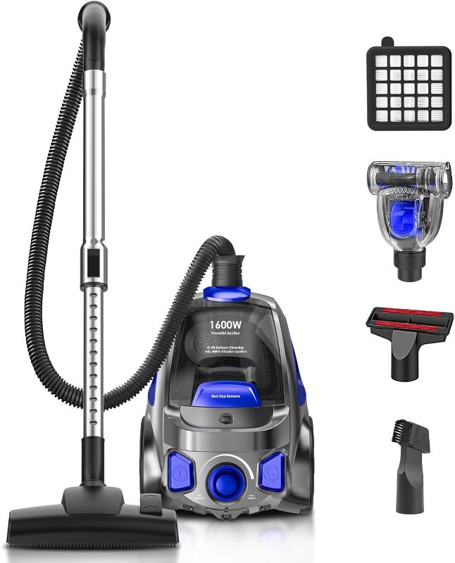 Photo 1 of Canister Vacuum Cleaner, 32Kpa 1600W Cyclon Power, Dust Full Indicator, Double HEPA Filters, 3.7Qt Large Capacity, Lightweight Vac for Hard Floors, Carpets, Pet Hair, Blue
