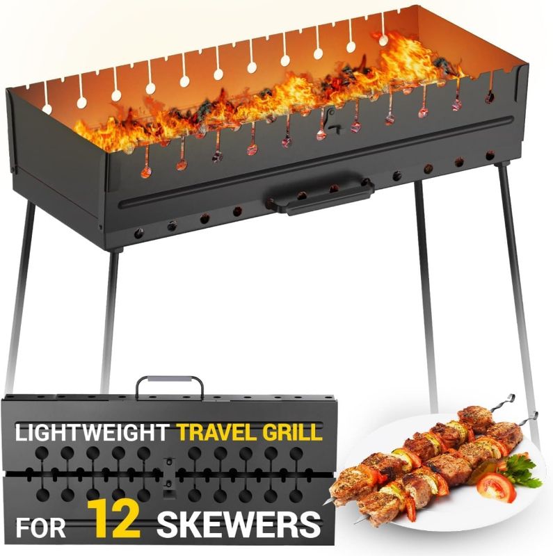 Photo 1 of MHH Charcoal Grill for 12 Skewers - Portable Barbecue Camp Grills - Mangal schaschlik - Foldable Metal Mangal - Kebab Shish - BBQ for EDC Picnic Outdoor Cooking Camping Hiking N12
