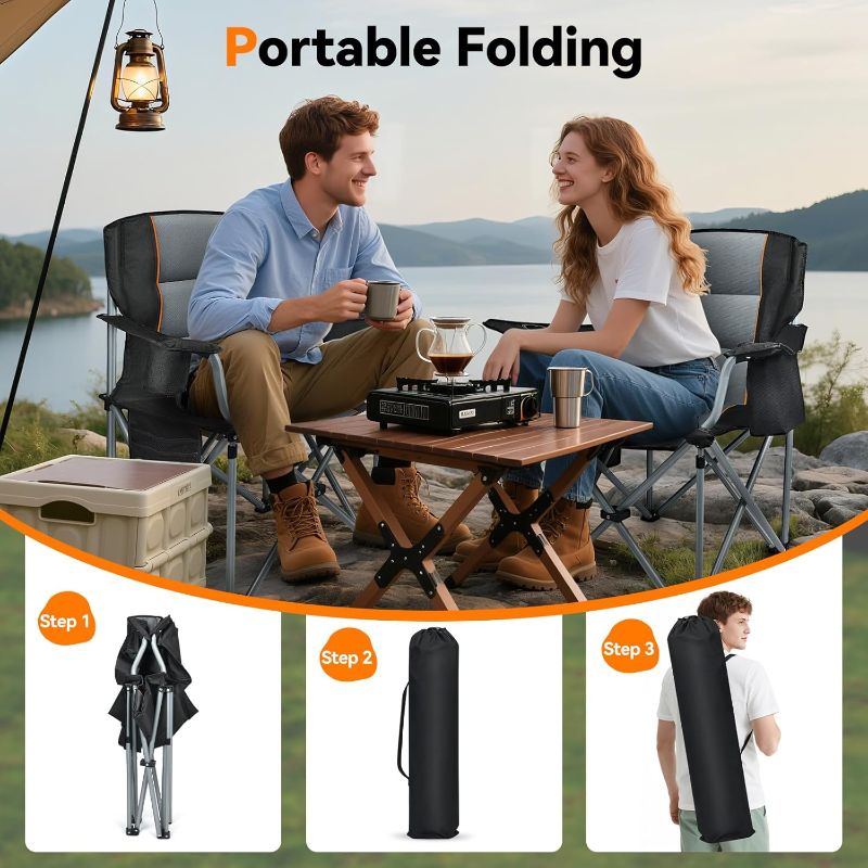 Photo 1 of Camping Chairs, 2 Pack Oversized Heavy Duty Fully Padded Outdoor Folding Chairs with Cup Holder, Cooler Bag and Side Pocket, Support 400 LBS, Carry Bag Included, Versatile for Sports,Outdoors & Lawns