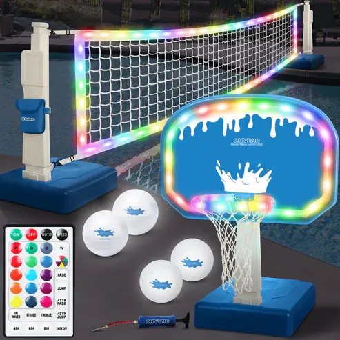 Photo 1 of OHYEMO 2-in-1 LED Pool Volleyball & Basketball Game Set, Light Up Pool Sport Combo Set with 14in LED Rim/4 LED Pool Balls/2 Base/Pump, Inground Swimming Pool Toy Game for Adults & Family