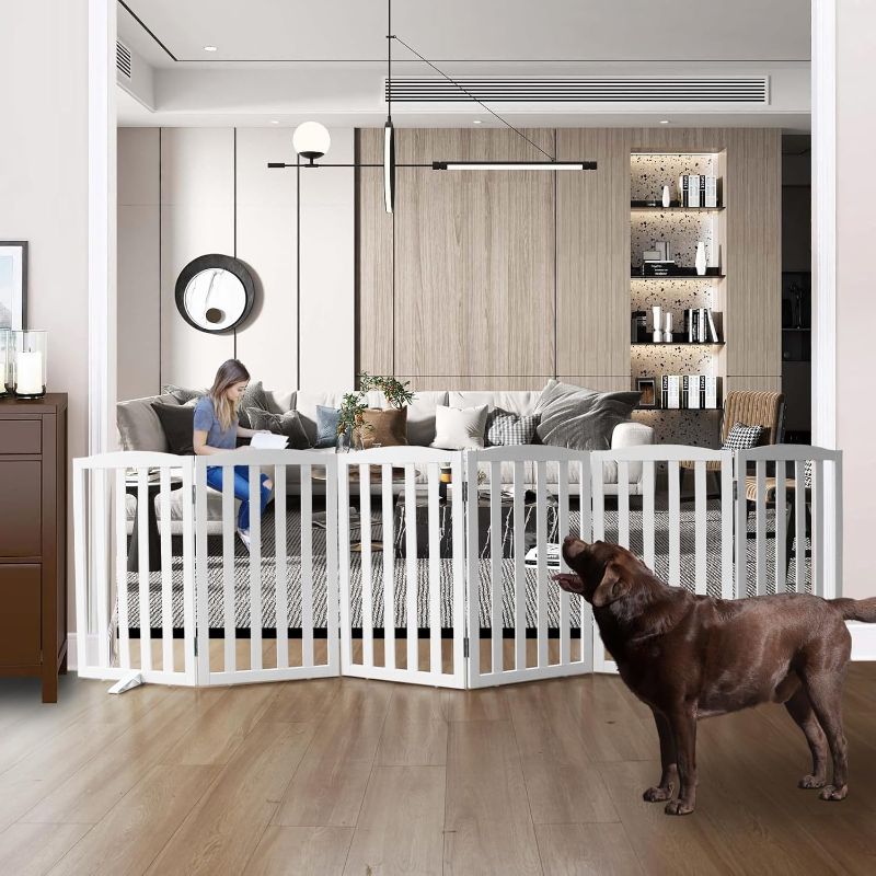 Photo 1 of Freestanding Dog Gate Indoor,Doggie Gate Foldable Dog Gates for Doorways,Stairs or Hallways, Wooden White Pet Gate for The House, Pet Fence with Support Feet Included,32 "Height-6 Panels
