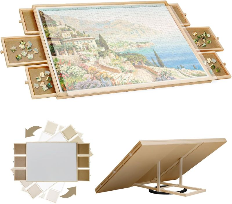 Photo 1 of 1500 Pcs Tilting & Rotating Puzzle Board for Adults, Wooden Puzzle Table with 6 Drawers and Cover,Portable Board with Lazy Susan Rotatable 360-Degree?34.25" x 25.2" for 1500 Pieces
