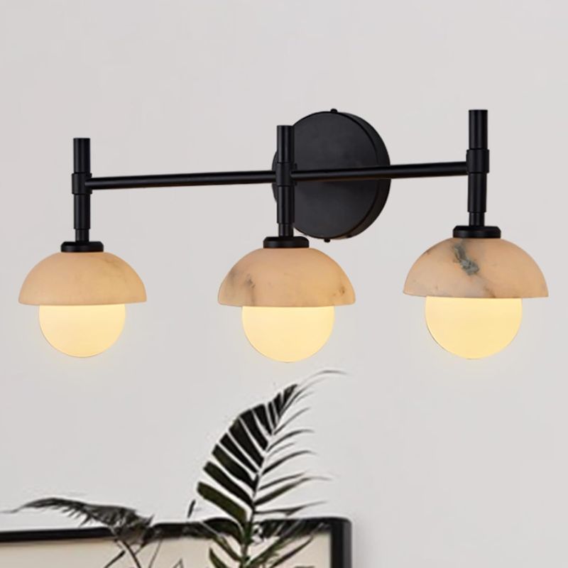 Photo 1 of Mid-Century Modern Natural Alabaster Hand-Carved Wall Sconce, 3-Light Vanity Light Fixture Over Mirror with Alabaster Shade, Wall Light for Hallway, Bathroom (Black)
