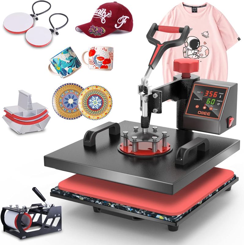 Photo 1 of OIIEE Heat Press Machine 5 in 1 Combo Heat Press 12 x 15 Inch Heat Transfer Machine 360-Degree Swing Away Digital Shirt Printing Multifunction Heat Transfer Sublimation for T Shirts Mugs Hat Plate Cap