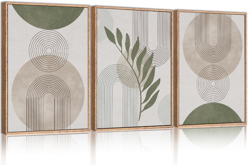 Photo 1 of HPINUB Sage Green Boho Framed Canvas Wall Art Set, Minimalist Beige Green Botanical Wall Decor, Abstract Geometric Line Leaf Canvas Painting for Living Room, Bedroom, Dining Room, Office Decor-24"x36"x3
