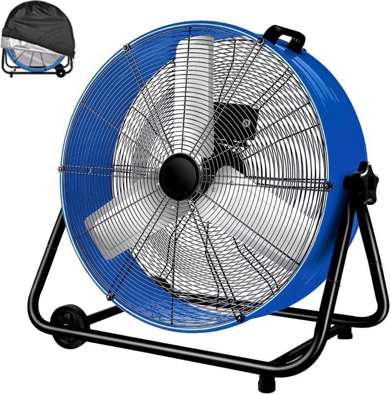Photo 1 of 24 Inch High Velocity Heavy Duty Large Industrial Fan, Floor Fan with High Medium and Low 3 Wind Speed Adjustment, Parameters 120V Voltage, 320W Power-Blue with Fan Cover.
