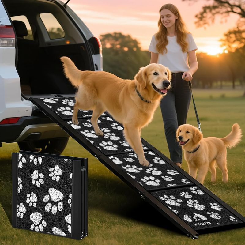 Photo 1 of Dog Ramp for Car, Portable Folding Aluminum Pet Ramp with Non-Slip Paw Print Surface. Extra Wide Portable Ramp for Large, Small & Senior Dogs to Get in Cars, SUVs, Trucks & Beds, 71" Long & 17" Wide
