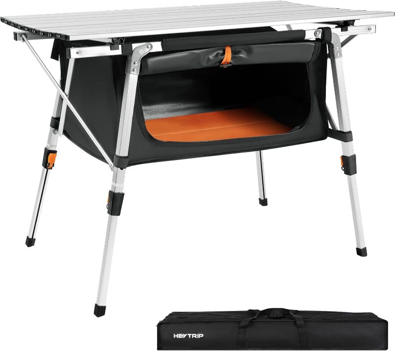 Photo 1 of HEYTRIP Folding Camping Table with Storage Bag Roll-Up Aluminum Portable Beach Table Adjustable Height Picnic Table, Grey
