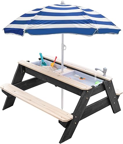 Photo 1 of Kids 3-in-1 Sand & Water Table, Wood Outdoor Convertible Picnic Table with Umbrella, 2 Trays, Removable Top with Faucet, Picnic for Outdoor (Black/Navy)
