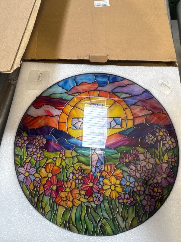 Photo 1 of Stained Glass Window Hanging - Cross Flower Sea Sun Catcher for Door Terrace Garden Home Decor, Mountains Landscape Suncatcher Birthday Gifts for Lovers Women Men Dad Mom Nana 15 in
