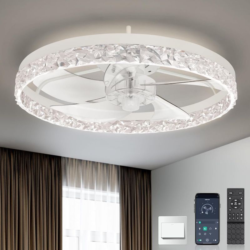 Photo 1 of 19'' Modern Ceiling Fans with Lights, Low Profile Flush Mount Remote Reversible Ceiling Fan White

