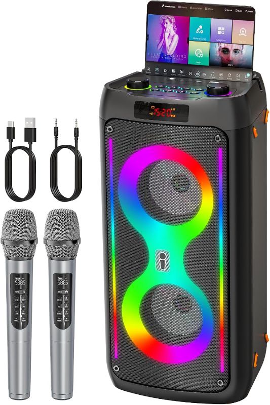 Photo 1 of Karaoke Machine for Adults, Portable Bluetooth Speaker with 2 Wireless Microphones, PA System with Disco Lights for Big Party, Outdoor, Supports USB/TF/REC/AUX, Ideal Gifts for Family, Music Lover
