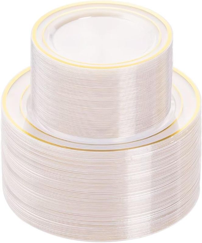 Photo 1 of 200PCS Clear Gold Plastic Plate, Disposable Party Plates with 100 Dinner and 100 Dessert Plates, Plastic Plate for Party, Wedding and Birthday

