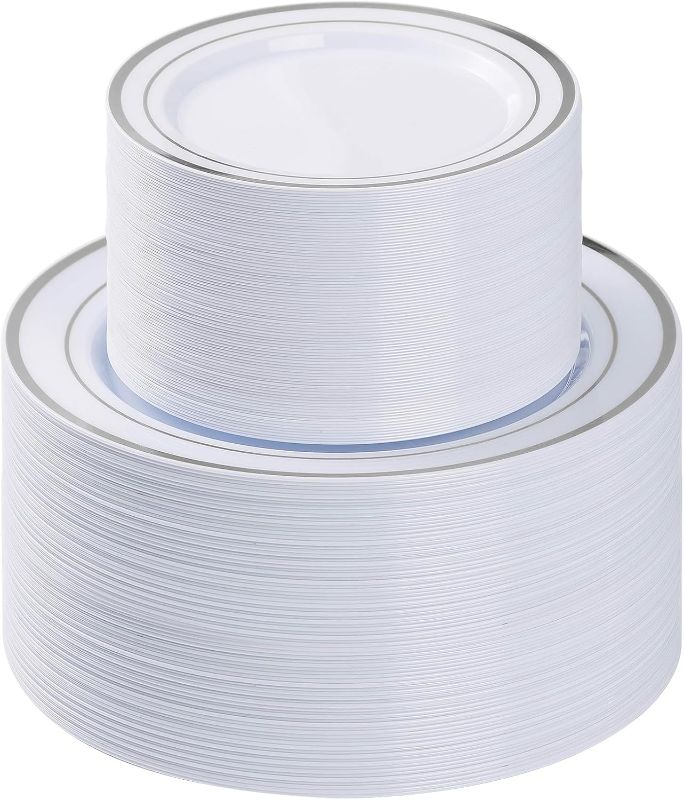 Photo 1 of 200PCS Silver Plastic Plate, Disposable Party Plates with 100 Dinner Plates and 100 Dessert Plates, Plastic Plates for Party, Wedding and Birthday
