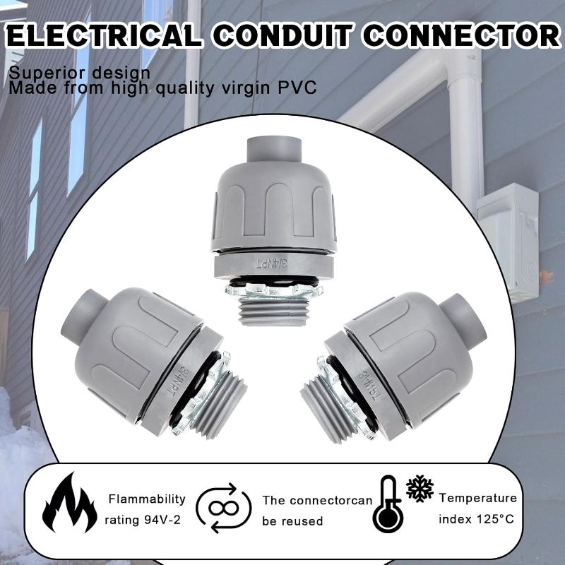 Photo 1 of 3/4 inch Liquid Tight Connector PVC Flexible Conduit Connector,Straight 180 Degree UL Listed Liquid Tight Connector, Non-Metallic Electrical Conduit Fittings (100 Pack)
