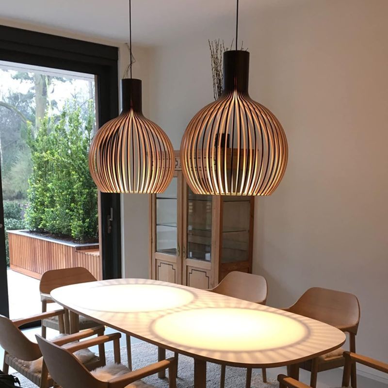 Photo 1 of Black Wood Pendant Lighting, Semi Globe Modern Chandelier Ceiling Light Fixture for Kitchen Island Dining Room Farmhouse Entryway Foyer Table Living Room (Dia 17.7")

