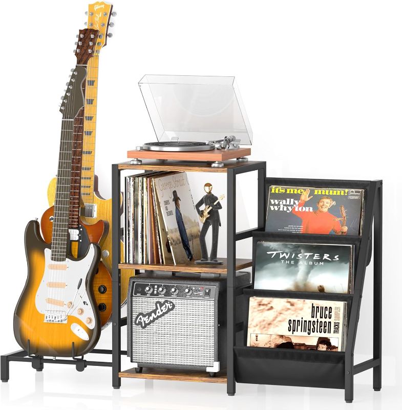 Photo 1 of Bikoney Record Player Stand, Guitar Stand for Acoustic, Electric Guitar, Bass with Amp Stand, 3-Tier Vinyl Record Storage Up to 200 Albums, Record Player Table for Record Player, Speaker, Amplifier (3 guitar stand, Brown)
