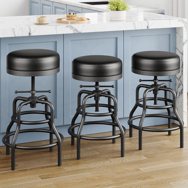 Photo 1 of Raynesys Adjustable Height Swivel Bar Stools Set of 2, 22-29 Inch Industrial Vintage Bar Counter Height Stools with Thicken Premium Bonded Leather Seats & Updated Footrests, Easy Assembly, Black
