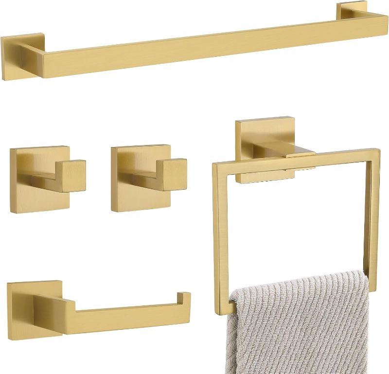 Photo 1 of YACVCL 5 Pieces Brushed Gold Towel Bar Set Bathroom Hardware Set Towel Holder Set for Bathroom, 23.6 Inch Bathroom Accessories Set Stainless Steel Wall Mounted Towel Racks Set
