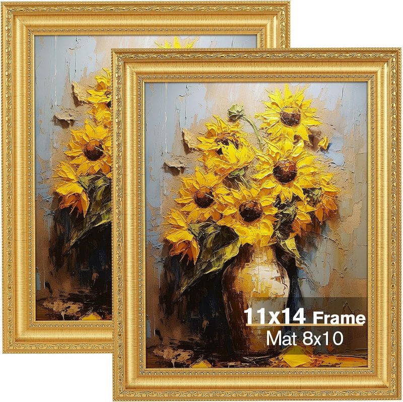 Photo 1 of 11x14 Gold Picture Frame Set of 2, Ornate Vintage 11x 14 Photo Frame for Wall Decor or Tabletop Display, 11 x 14 Gold Frames with Real Glass, Display 8x10 Pictures with Mat or 11x14 without Mat for Antique Déco
