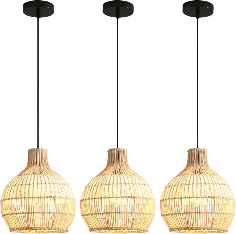 Photo 1 of 3 Pack Rattan Pendant Light Fixture Mini Hand-Woven White Rattan Chandelie,11Inch Boho Wicker Hanging Lamp for Dining Living Bedroom Kitchen Farmhouse
