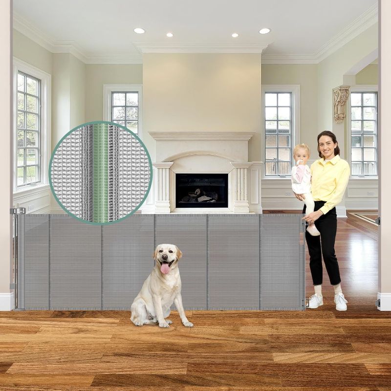 Photo 1 of Reinforced 120 Inch Extra Wide Retractable Baby Gate with Support Rods, 33” Tall Retractable Pet Gate for Dogs, Indoor/Outdoor 10 Feet Mesh Child Gates for Wide Openings, Extra Wide Dog gate, Gray
