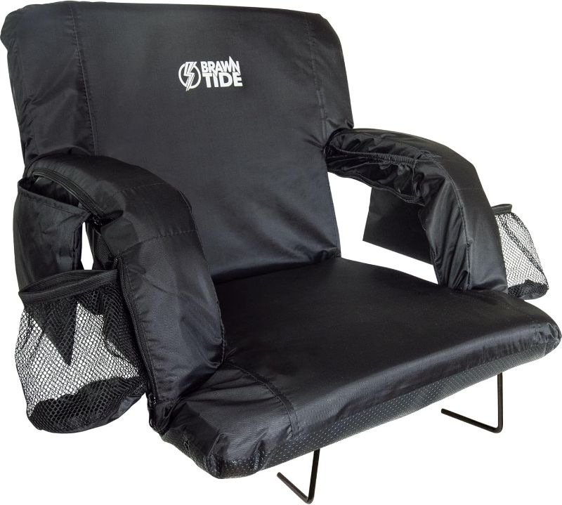 Photo 1 of BRAWNTIDE Stadium Seat with Back Support - Comfy Cushion, Thick Padding, 2 Steel Bleacher Hooks, 4 Pockets, 2 Cup Holders, Reclining Back, Ideal Chair for Sport Events, Beaches, Camping, Concerts

