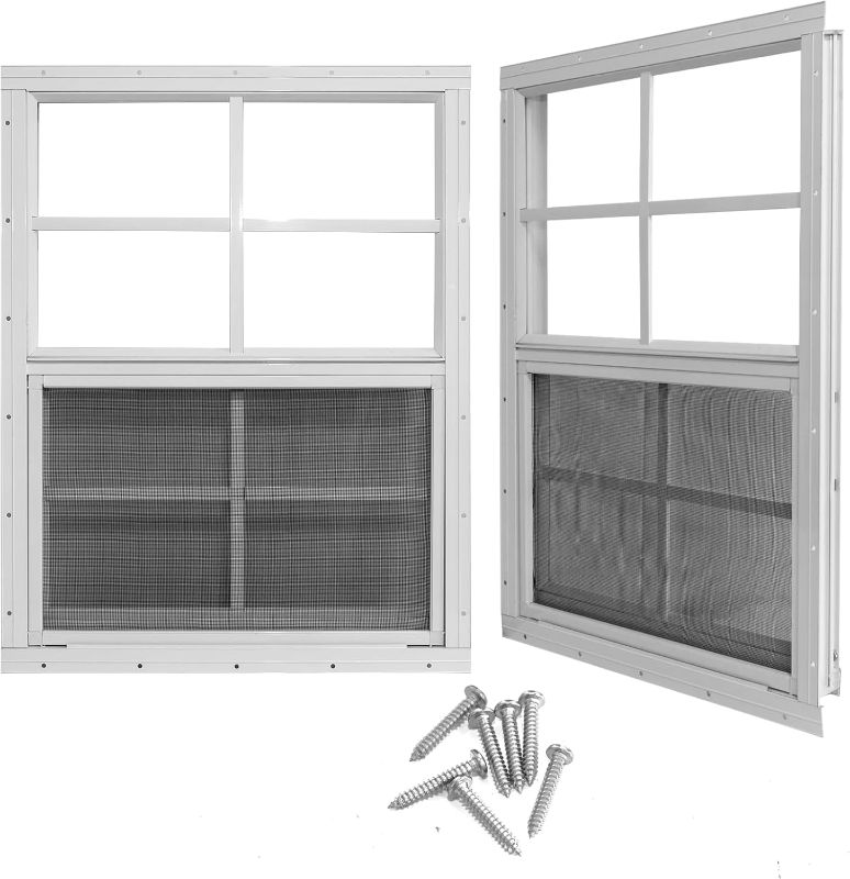 Photo 1 of Yuzzy 24" x 27" Shed Windows with Tempered Glass and Fiberglass Screen, 2 Pack Small Sliding Windows for Shed, Chicken Coop, Playhouse, Household, Garage, Barns (White)
