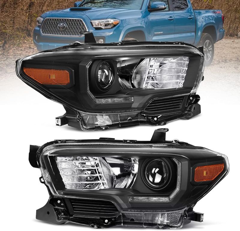 Photo 1 of Fit For 2016-2021 Toyota Tacoma Headlights,Halogen Headlamp with LED DRL Black Housing Amber Reflector Replacement Driver Passenger Side
