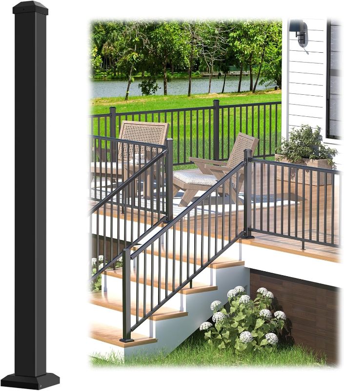 Photo 1 of 2.56 in. x 2.56 in. x 39 in. Porch and Deck Railing Post with Screws, Aluminum Railing Post, Black Textured Outdoor Powder-Coat Finish Stair Post for Decks, Porches & Balconies (1 Post)
