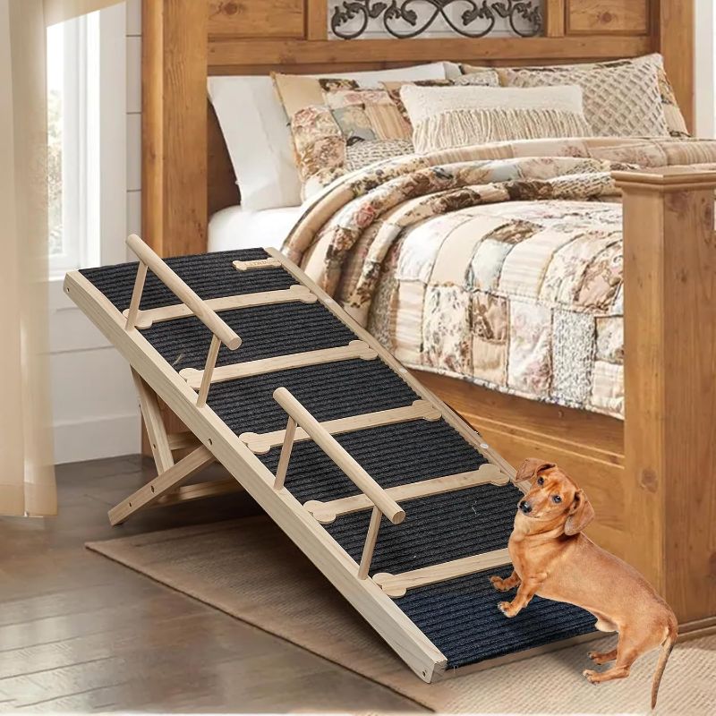 Photo 1 of Wooden Dog Ramp for High Bed, 47.2" Long Non-Slip Dog Ramp for Couch, 6 Adjustable Heights from 15.7" to 28" with Side Rails Anti-Slip Traction Mat for Small Medium Large Dogs(Up to 160 Lbs)
