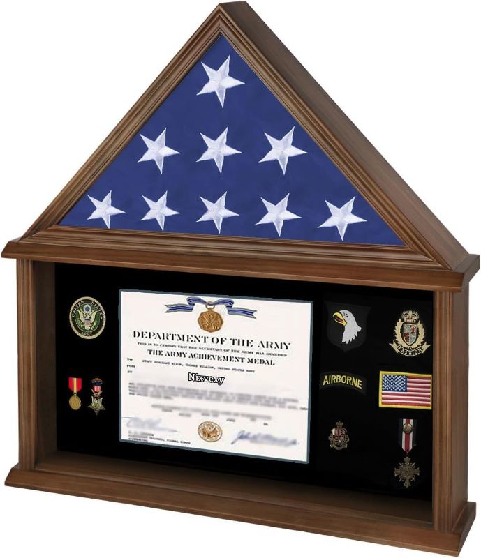 Photo 1 of Burial Flag Display Case Solid Wood Flag Display Case Fit 5' x 9.5' Folded Flag Large Military Show Box with Real Glass, Certificate Holder for Flag, Certificate, Badges and Medals - Walnut
