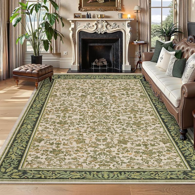 Photo 1 of GarveeHome Washable Rug 9x12 Area Rugs for Living Room, Boho Rug Non Slip Vintage Low Pile Large Rugs for Bedroom, Dining Room, Stain Resistance Non-Shedding Accent Carpet for Office, Light Green
