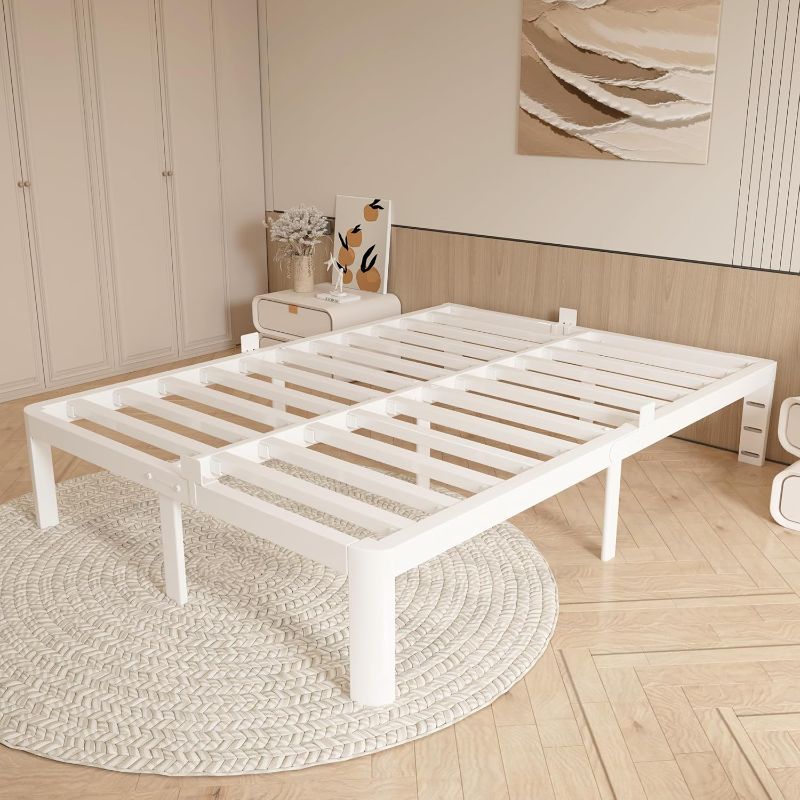Photo 1 of 14 Inch King Bed Frame with Metal Gaskets, No Box Spring Needed, Heavy Duty Steel Support 3500 LBS, DIY Headboard, Easy Assembly, Anti-Slip Mattress Stopper, Round Corner Leg, White
