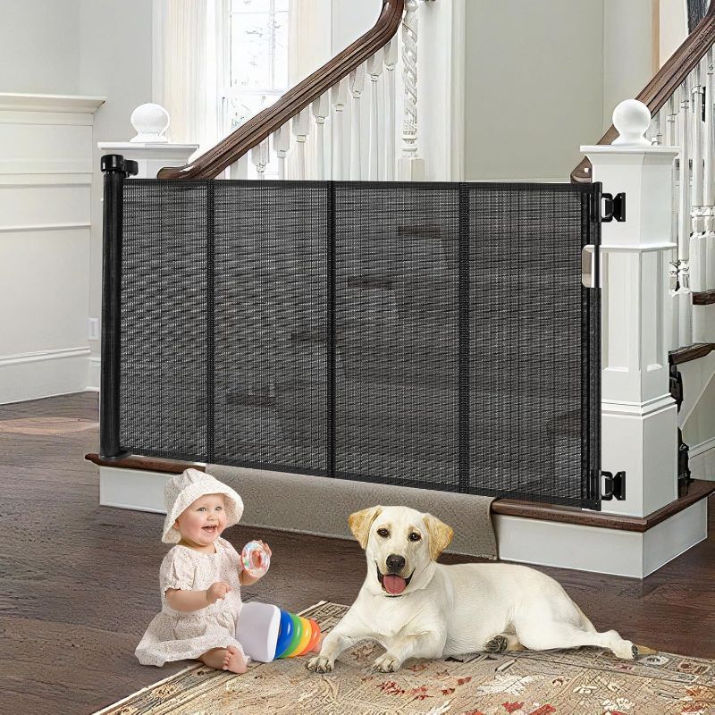 Photo 1 of Reinforced Retractable Baby Gate for Stairs with Support Rods, 33" Tall, Extends up to 55" Wide, Mesh Gate Banister Baby Gate for Doorways, Indoor Outdoor Pet Gate for Stairs Hallways (Black)
