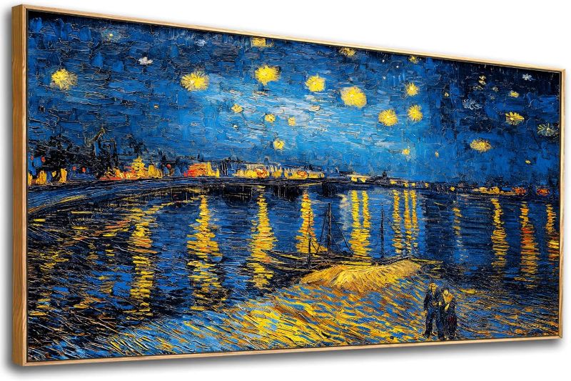 Photo 1 of Framed Canvas Wall Art Starry Night by Vincent Van Gogh Impressionism Famous Painting Classic Oil Painting Style Artwork for Living Room Bedroom Office Wall Decor Natural
