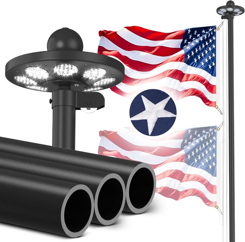 Photo 1 of 11 Gauge Heavy Duty Flagpole Kit with 136 LED Solar Light, 20FT Extra Thick Flag Pole for Outside House in Ground, 120MPH Wind Tested, 3x5 Thickened USA Flag for Outdoor
