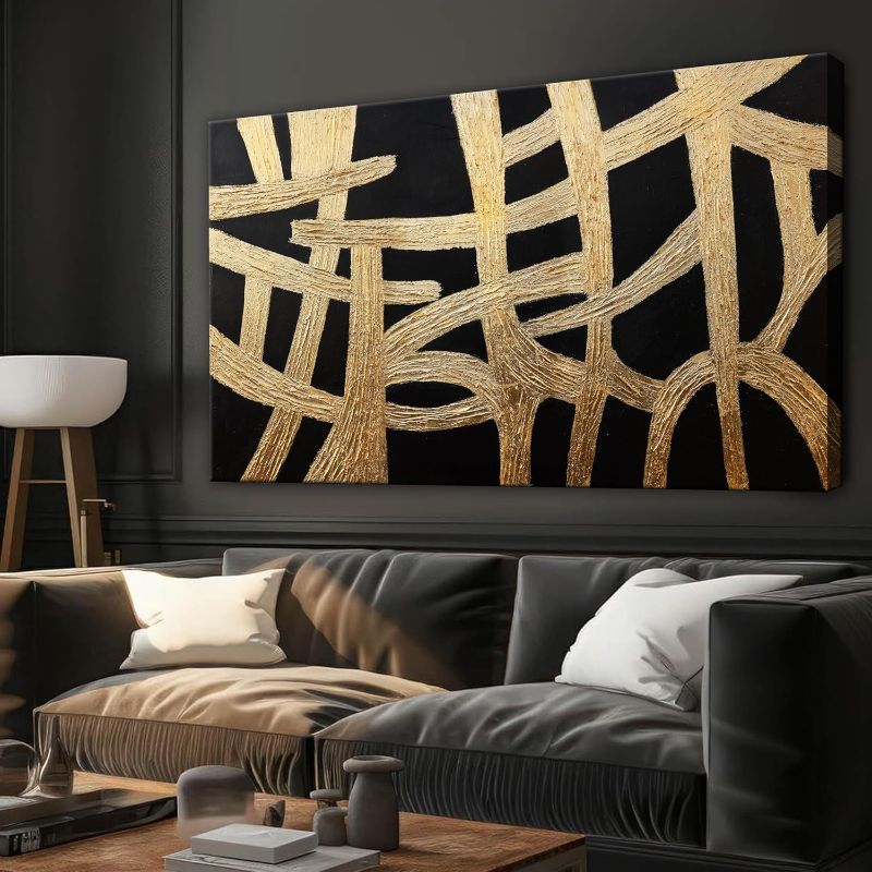 Photo 1 of Abstract Wall Art Paintings Canvas Wall Art Decor Black And Gold Lines Artwork for Walls Texture Wall Decorations Modern Minimalist Wall Art Living Room Decor For Room Bedroom Office Wall Decor 24"X48"
