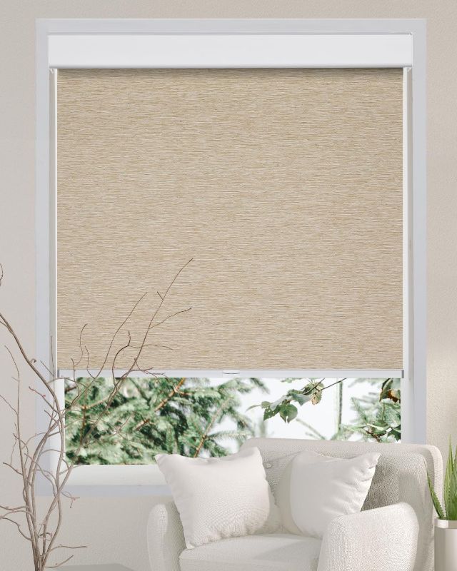 Photo 1 of Persilux Free-Stop Cordless 100% Blackout Roller Shades for Indoor Windows, Natural Woven Fabric UV Protection Privacy Thermal Insulated Roller Window Shades for Home, Bedroom, Khaki 35" W x 72" H
