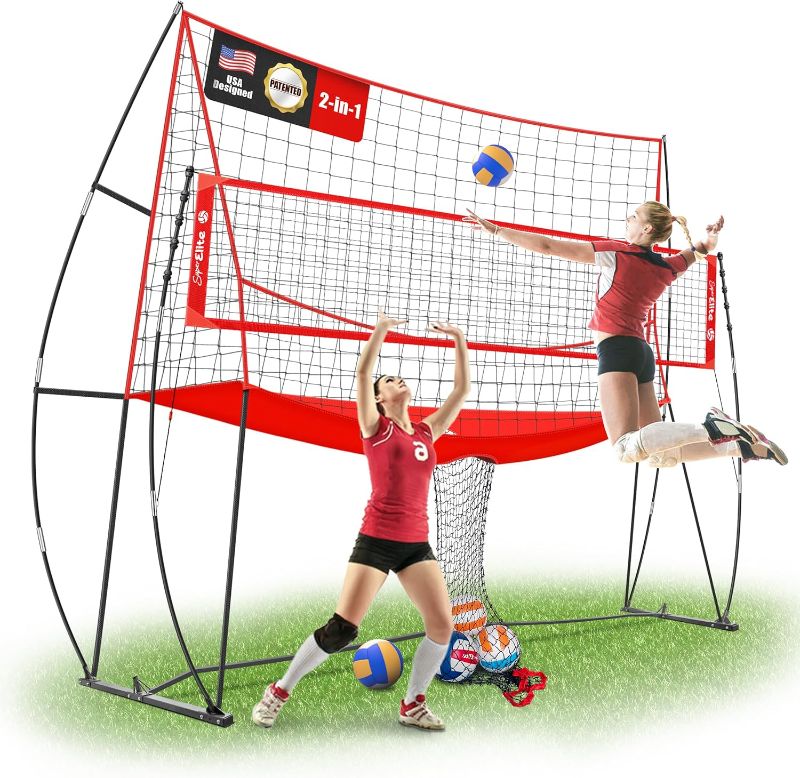 Photo 1 of 2-in-1 Volleyball Practice Net Station with Patented 5-Height (6'6'' to 8'), Heavy Duty Training System for Hitting Spiking Serving, Backyard Indoor Outdoor Trainer Equipment
